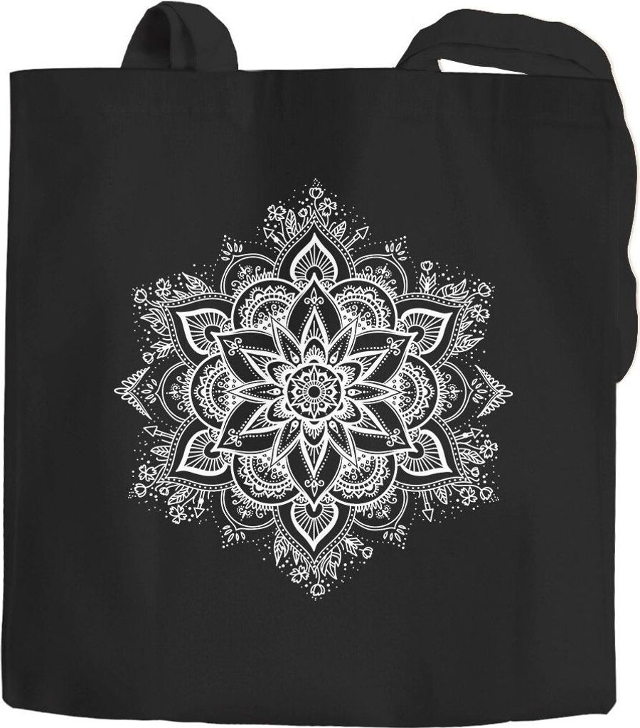 Jutebeutel Mandala Ornament Bohemian Boho Ethno Baumwolltasche Stoffbeutel Tragetasche Autiga schwarz 2 lange Henkel
