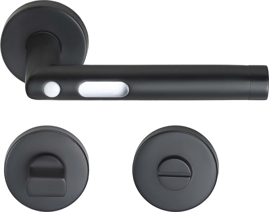 A black door handle set, including a lever handle and two escutcheons, displayed against a white background.