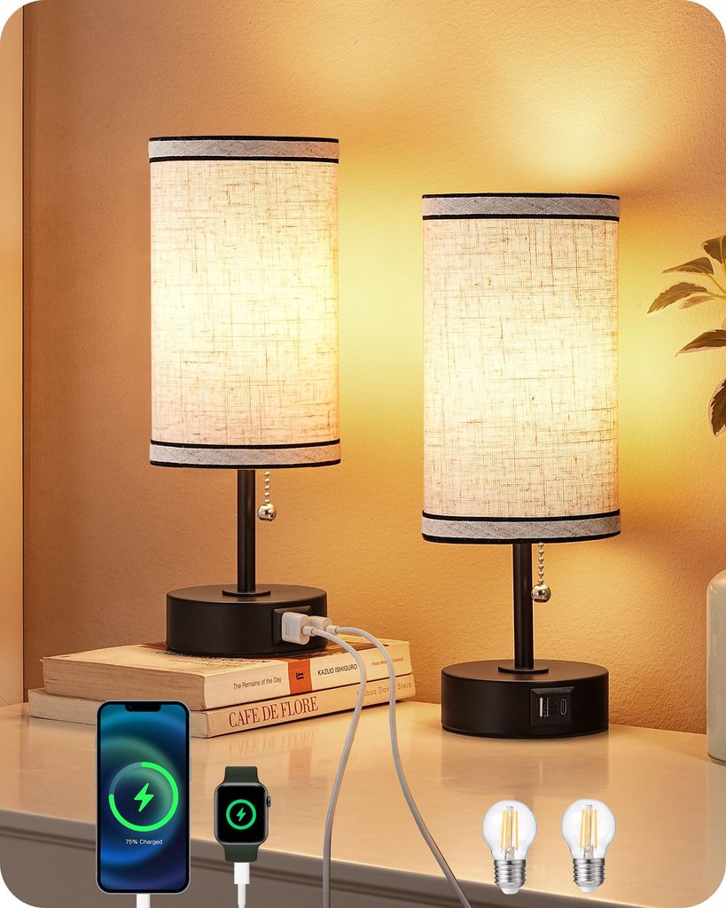 EDISHINE Nachttischlampen 2er-Set, mit USB-A- & Produktbild 