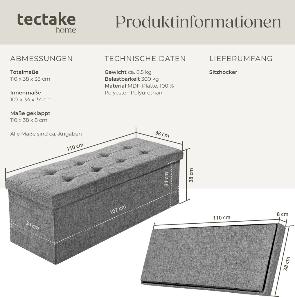 Sitzhocker mit Stauraum 110 x 38 x 38 cm Produktbild 5