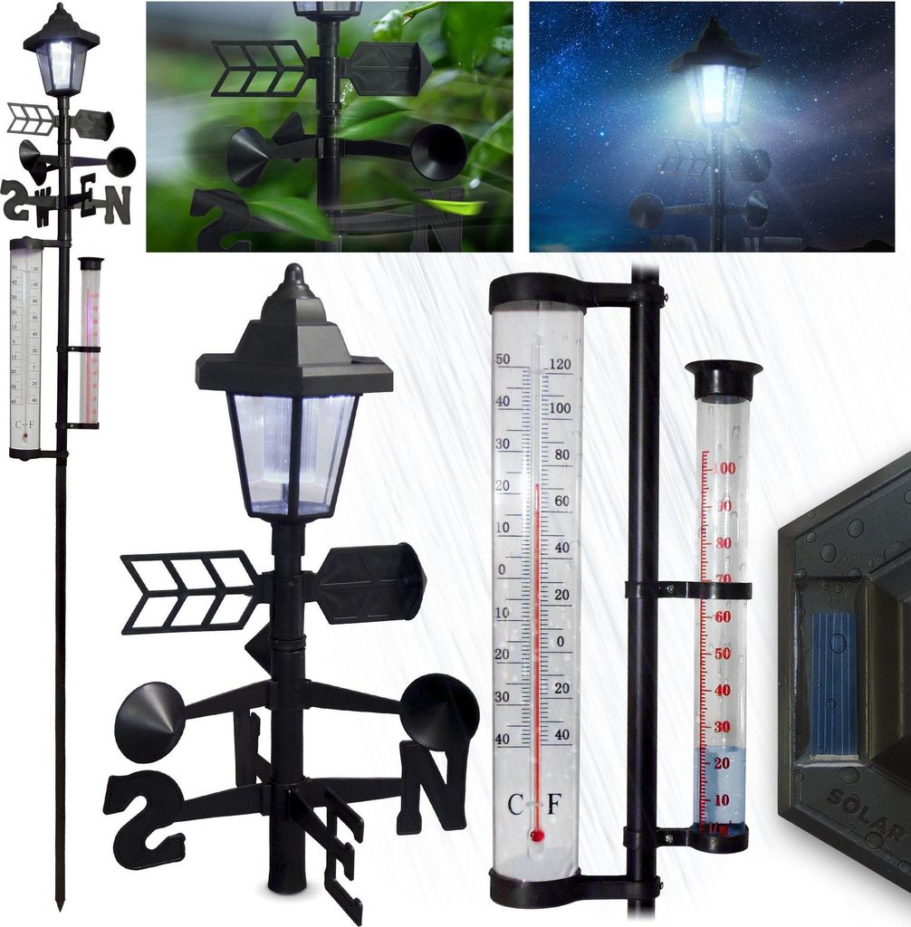 Wetterstation SWS29, 158 cm, Garten Regenmesser, Thermometer, Solarlampe, Windrichtung