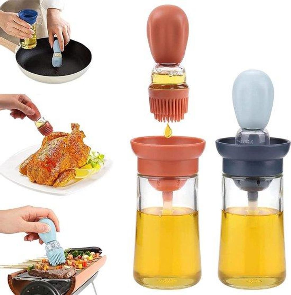 Glazen Oliedispenser mit Silikon-Bürste und -Bürstel - 2-in-1 Oliedispenser für Backen, Salat, Grillen - 2 Stück - 180 ml