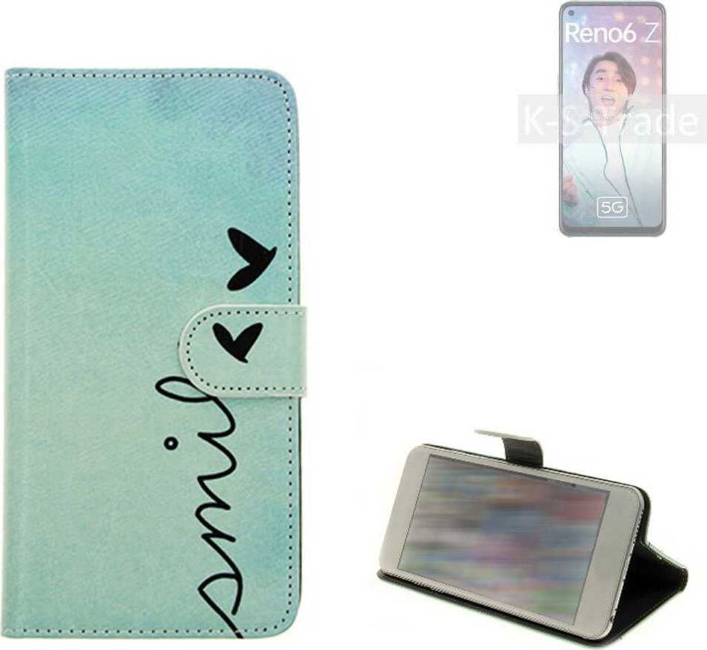 K-S-Trade Schutz Hülle Handy Hülle kompatibel mit Oppo Reno6 Z 5G Hülle Handyhülle cover bookstyle Etui Handyhülle ''smile'' türkis