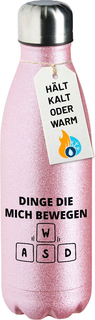 Huuraa Trinkflasche Dinge die mich bewegen Tastatur W A S D 500ml Pink Edelstahl Wasserflasche Trinkflasche Geschenkidee