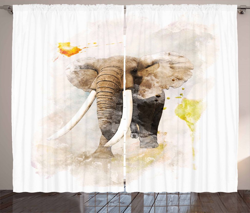 ABAKUHAUS Aquarell Elephant Rustikaler Vorhang, Paintbursh Kunst, Wohnzimmer Universalband Gardinen mit Schlaufen und Haken, 280 x 245 cm, Tan Taup...