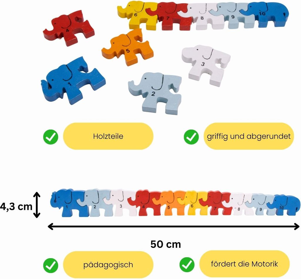 Holzpuzzle Elefantenherde mit Zahlen von 1 bis 10- 3920