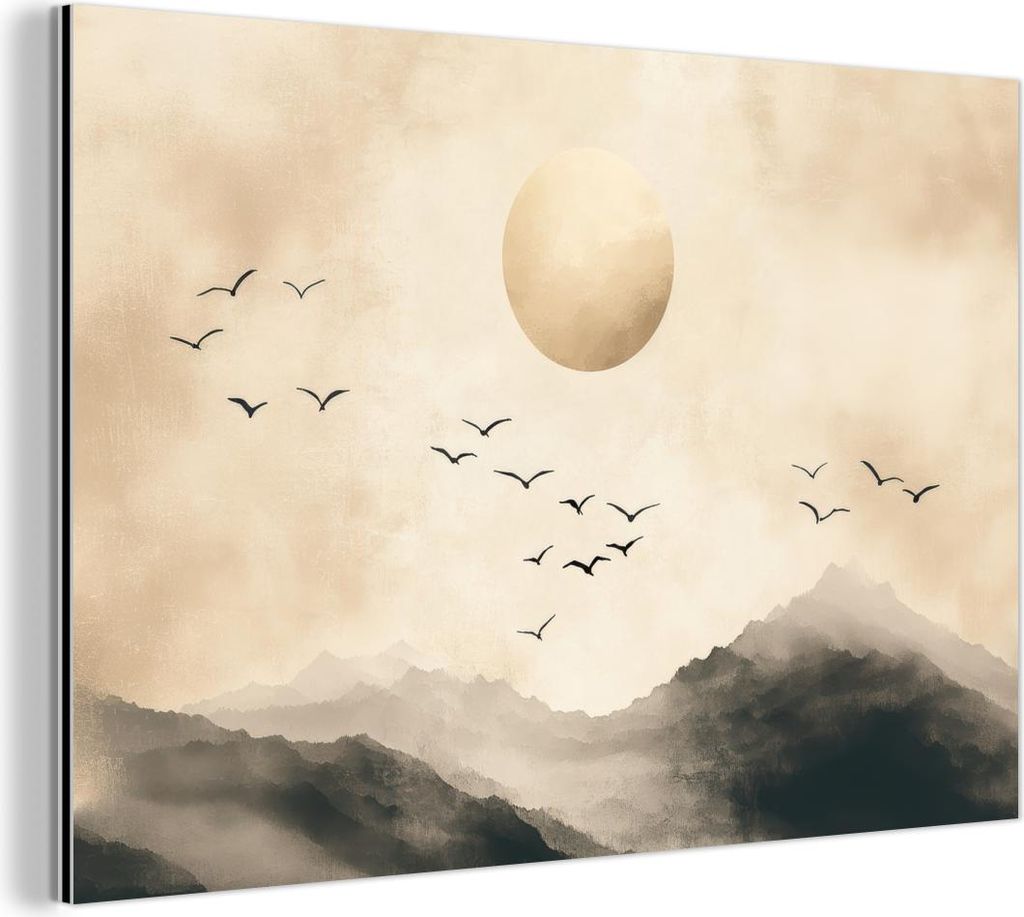 MuchoWow Wanddekoration Metall Metallbild Wandkunst 120x80 cm Landschaft - Japandi - Vogel MuchoWow Aluminium Gemälde - Alu Bild