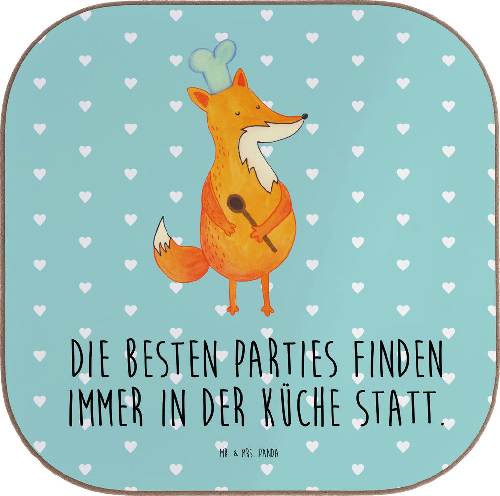 Mr. & Mrs. Panda Getränkeuntersetzer Fuchs Koch - Türkis Pastell - Geschenk, Geburtstag, gläseruntersetzer, Bäcker, Untersetzer Gläser, Coaste...