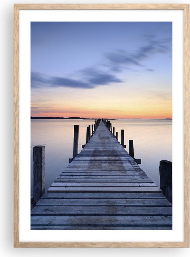 Gerahmtes Poster - Rahmen in heller Eiche - Sonnenuntergang See Wasser Brücke - 50x70 cm - Wand Bild - Wanddeko - Wandbilder - Wandposter - Bilder...