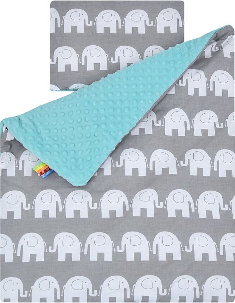 Baby-Delux Babydecke Kinderwagen Kissen Set Nicky Plüsch Baumwolle doppelseitig Elephant - Türkis