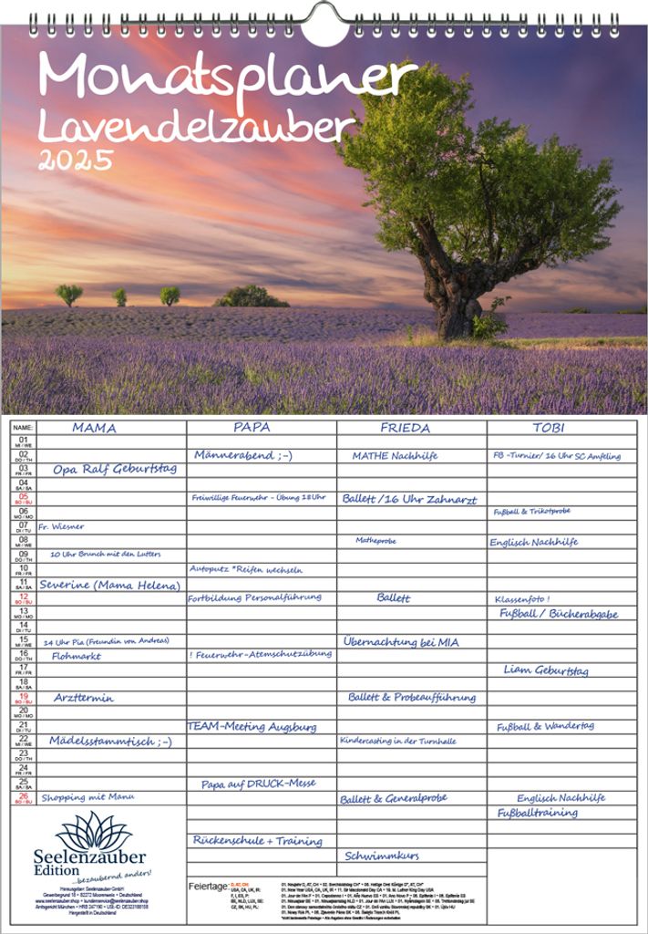 Lavendelzauber Planer Wandplaner Familienplaner 4 Spaltenplaner DIN A3 Kalender für 2025 Lavendel - Seelenzauber