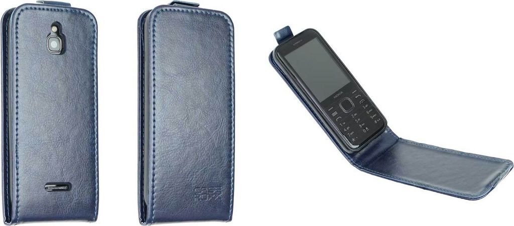 Three views of a blue flip-style phone case, two closed and one open with a phone inside.