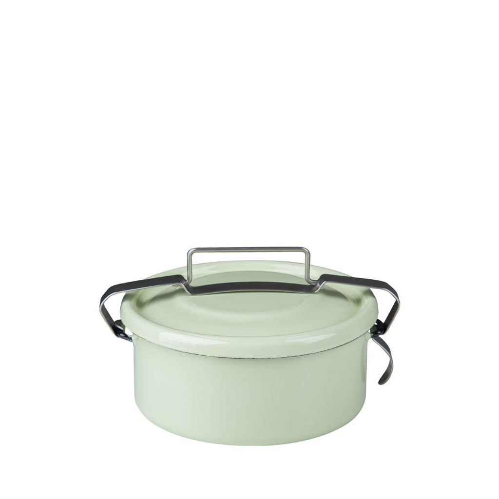 A light green enamel container with a metal handle on a white background.