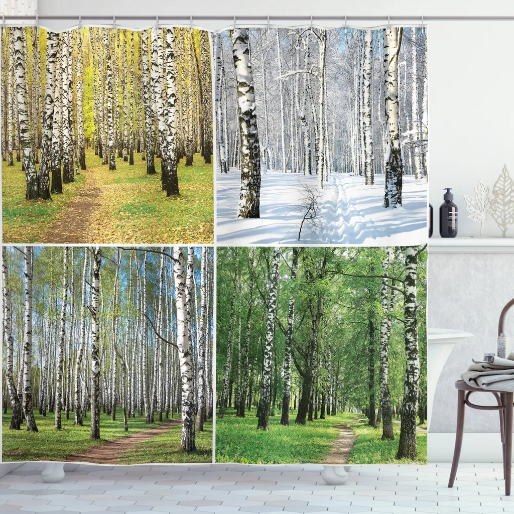 ABAKUHAUS Tenda da doccia Landscape, Betulla autunno-inverno, set incl. 12 ganci in tessuto Impermeabile Resistente a batteri e muffe, 175 x 220 cm, verde-bianco