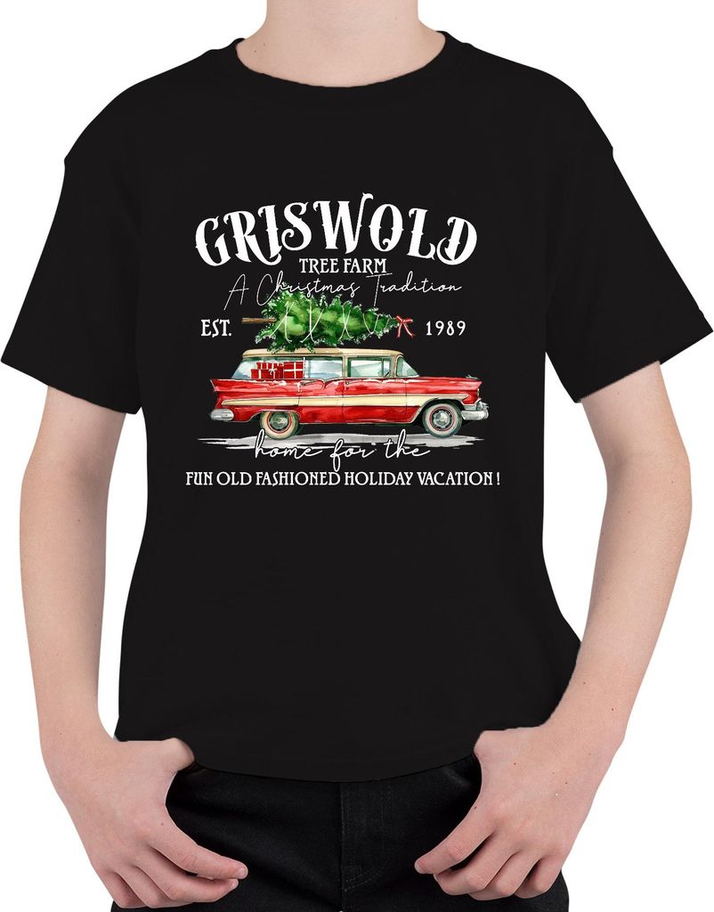 Griswold Tree Farm Christmas Tradition Vintage Car Holiday Uni Kinder T-Shirt, Schwarz, 152