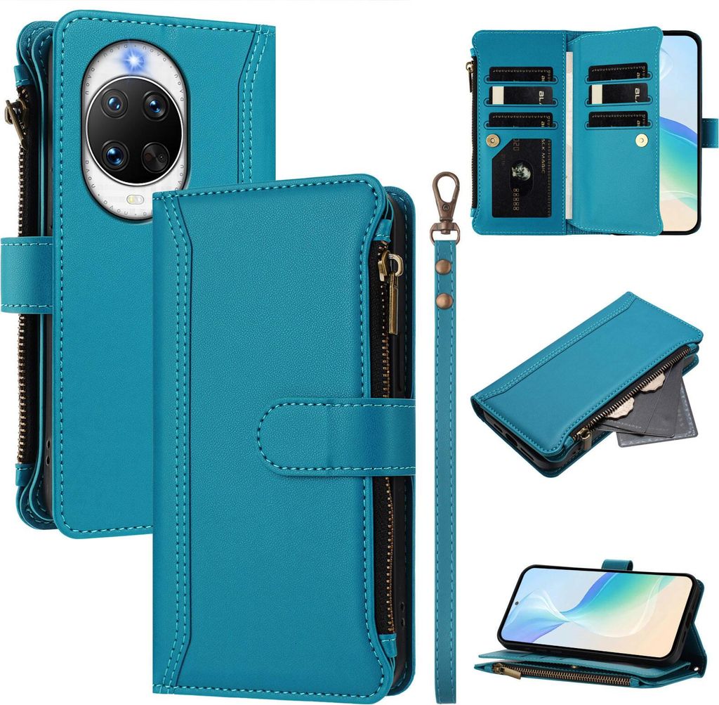 Handyhülle für Huawei Nova 14 Pro Reißverschluss Geldbörse Kunstleder Klapphülle mit Kartensteckplatz, Ständer, Handschlaufe Blau