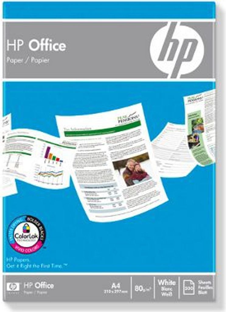 Packaging for HP Office paper, showing sheets of paper with charts and text.