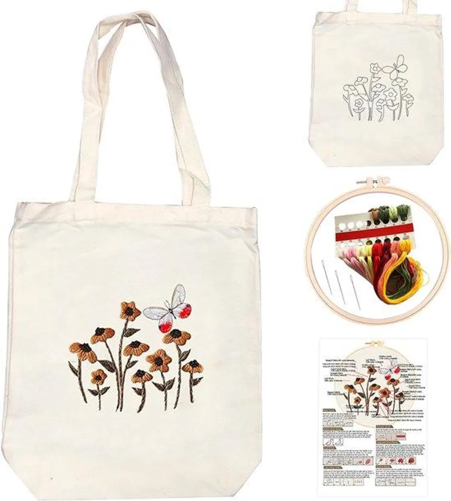 Kit broderie floral en toile canevas avec fils de couleur et guide illustré