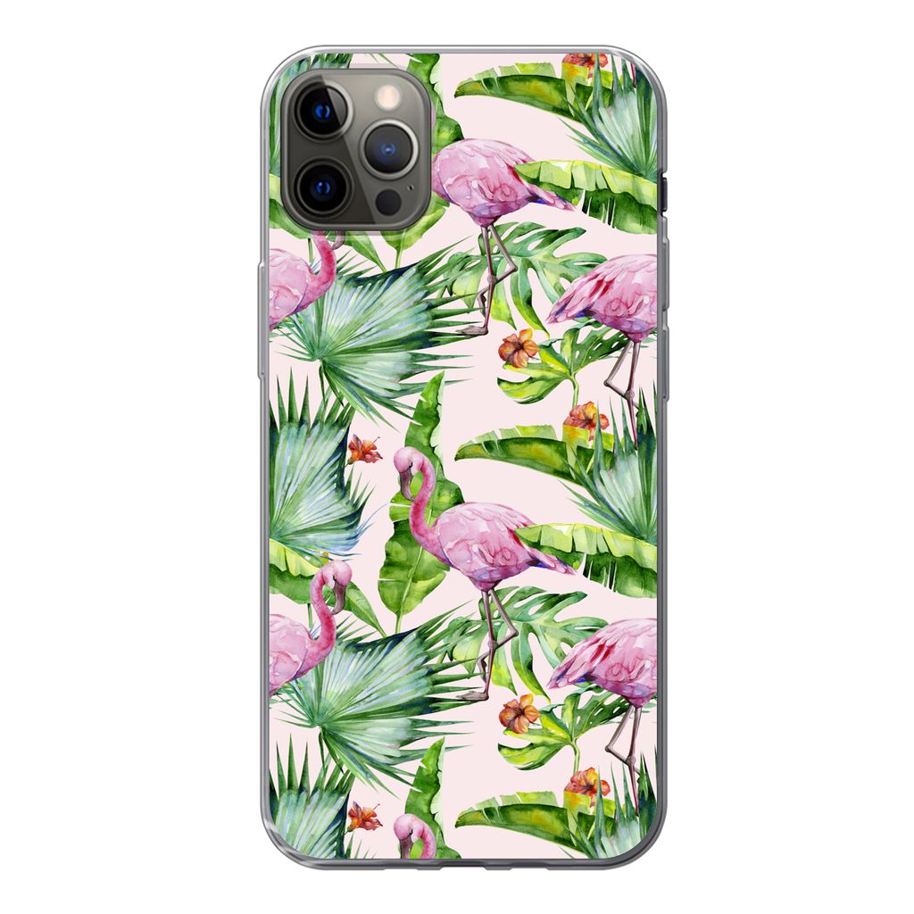 MuchoWow Handyhülle Schutzhülle Hülle für iPhone 12 Pro Max Flamingo - Pflanzen - Muster Silikon Softcase Handy Hülle - Hartschale