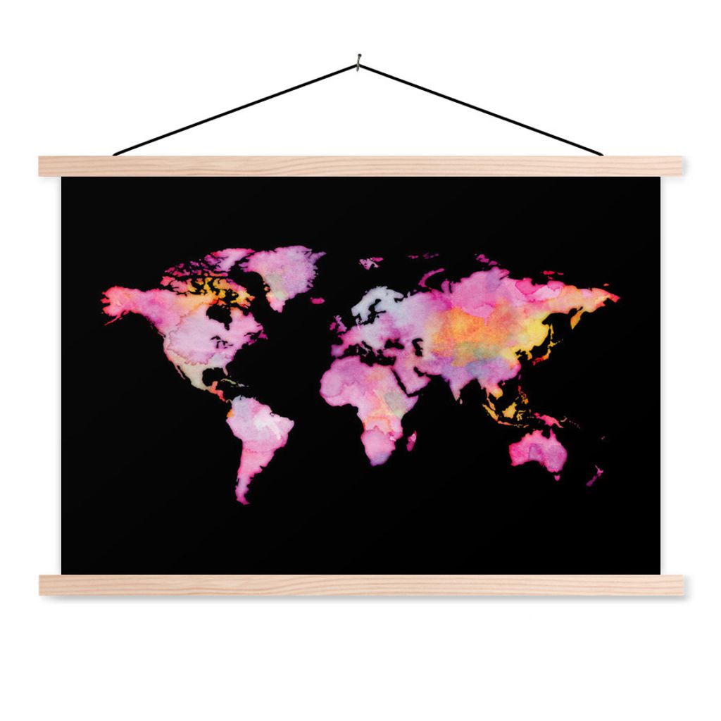 MuchoWow Textilposter Weltkarte - Aquarell - Rosa 60x40 cm mit holzfarbenen Rahmen - Bilder