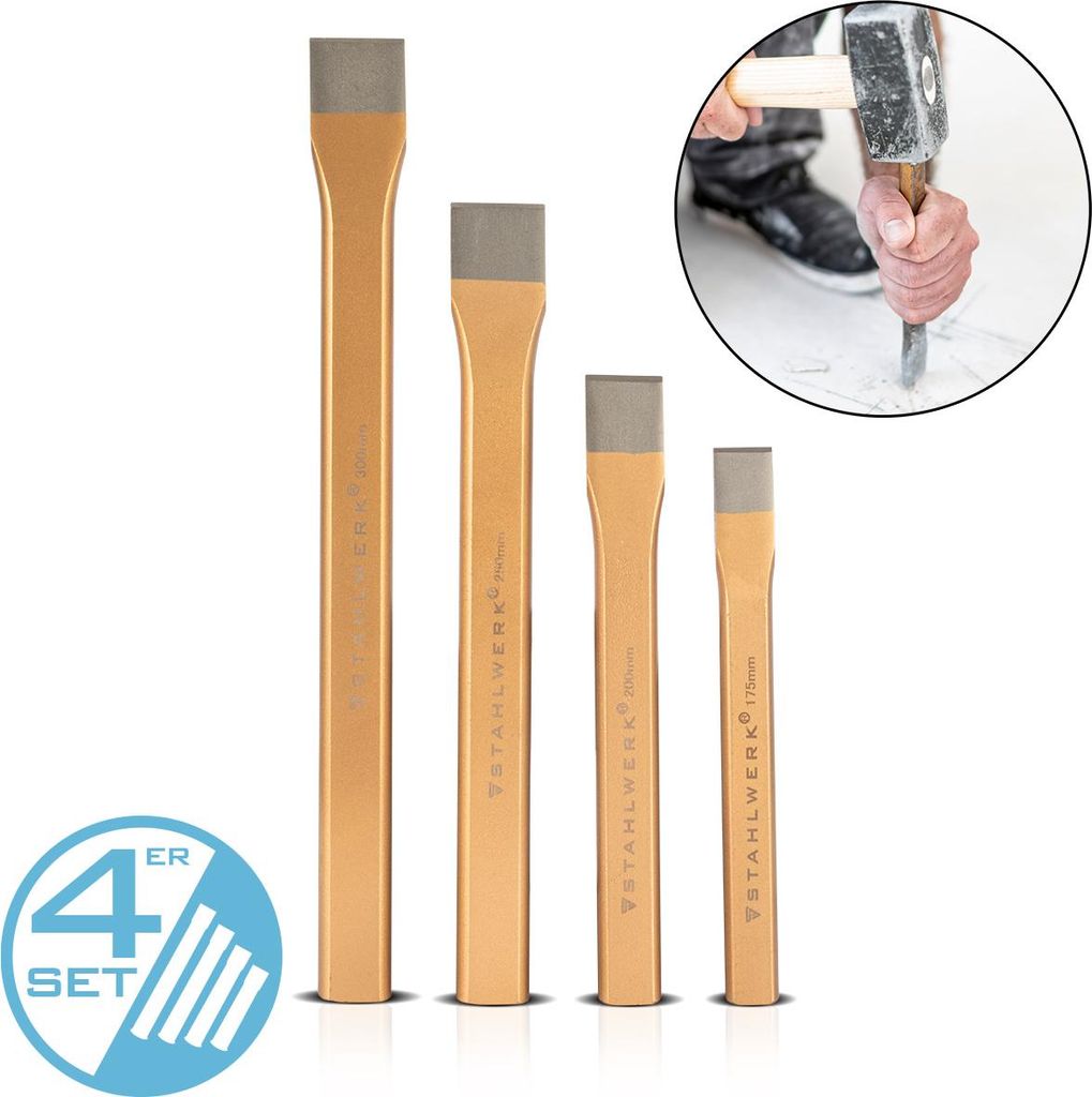 STAHLWERK Flachmeißel 4er Set Gold Handmeißel aus gehärtetem Stahl