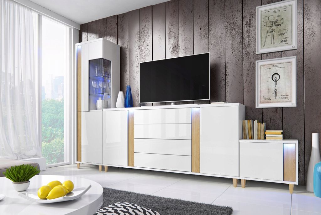 Wandschrank Marco 8 Wohnzimmermöbel Set + Led (Weiss/Holz)