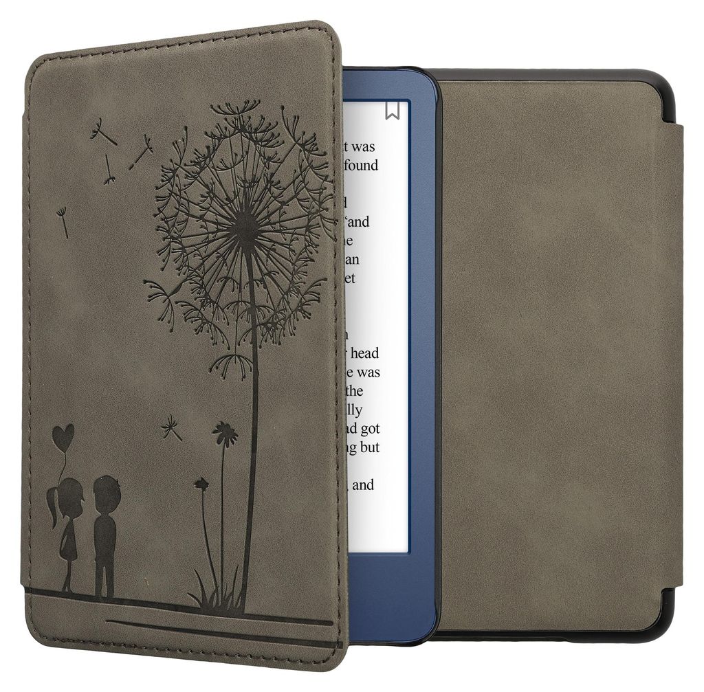 kwmobile Schutzhülle für Amazon Kindle (2022/2024) Hülle - eReader Case aus Kunstleder mit Auto Sleep Funktion - Pusteblume Love mit Grau