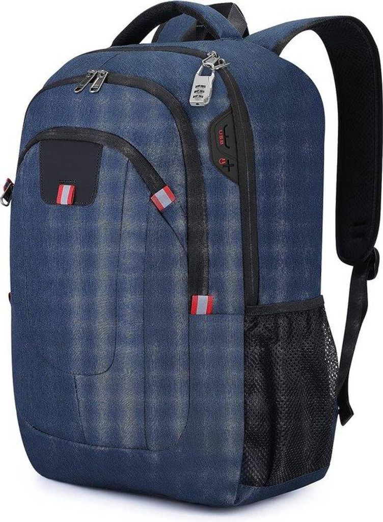 Wasserfeste Anti-Diebstahl-Laptop-Rucksack für 17,3 Zoll (44 cm) große Business-Notebook-Tasche mit USB-Anschluss für Männer und Jungen, blau, ...