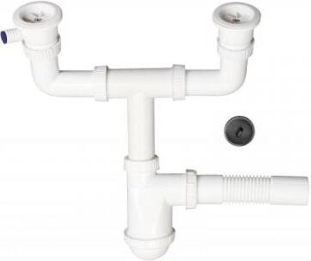 A white plastic double sink trap with a metal strainer and a flexible drain pipe.