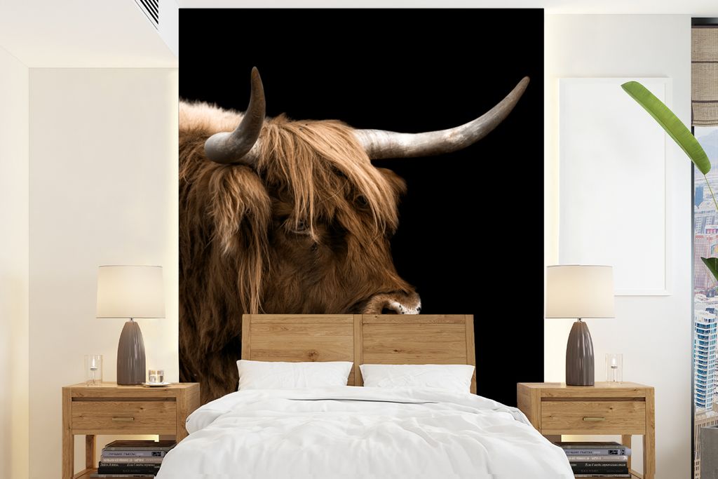 MuchoWow Fototapete für Wohnzimmer oder Schlafzimmer Wandtapete Vinyl Motivtapete Schottischer Highlander - Kühe - Schwarz - 190x260 cm - Papie...