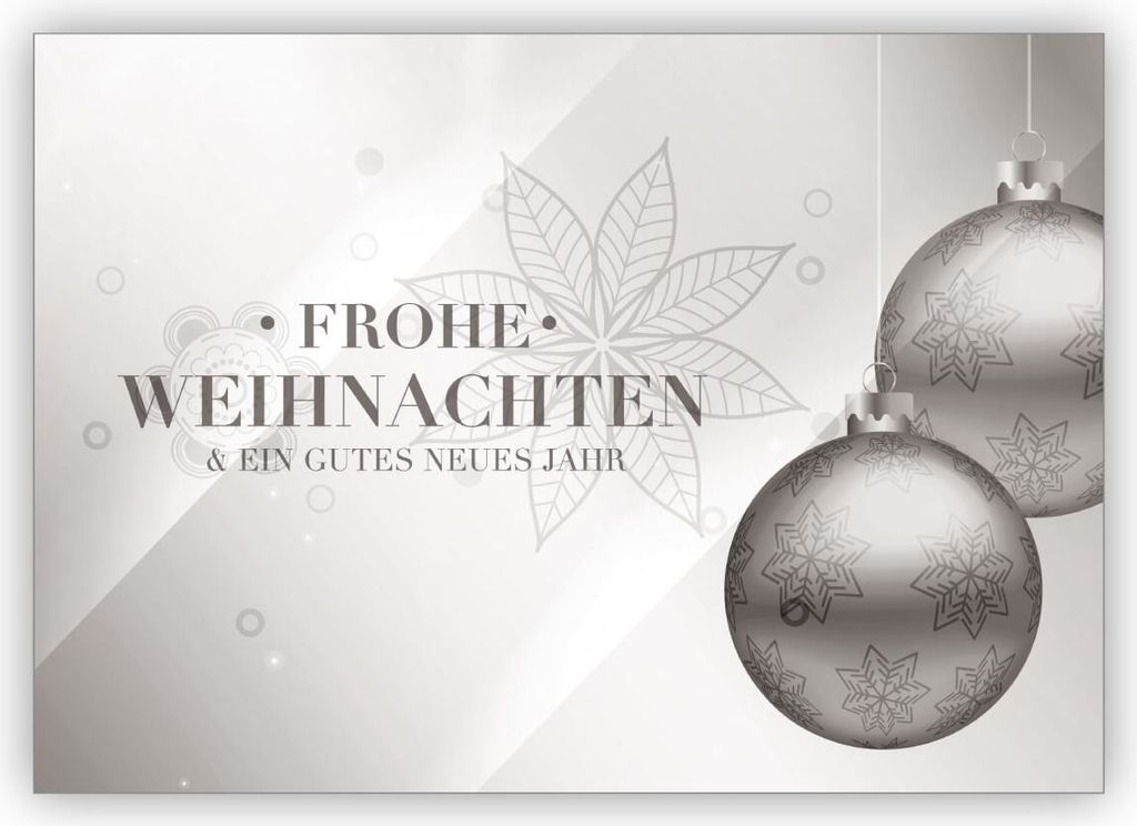 4x Klassische edle Weihnachtskarte mit Weihnachtskugeln in silber Optik: Frohe Weihnachten und ein gutes neues Jahr