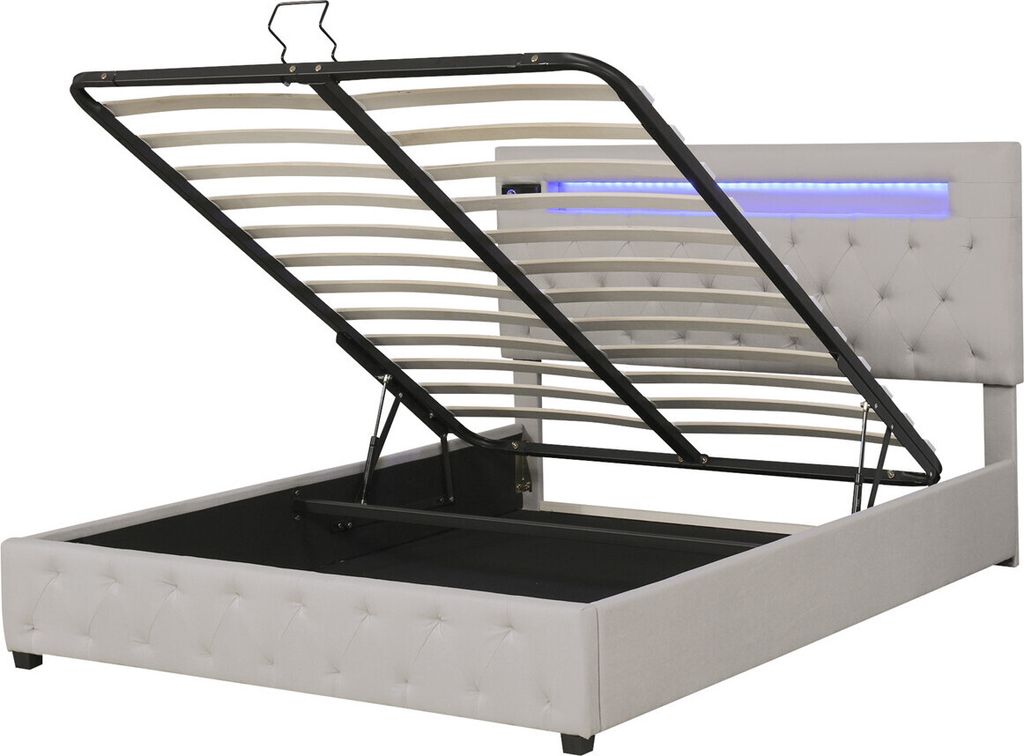 Doppelbett,Polsterbett(Beig)Familienbett,Plattformbett mit aufladen USB, Bluetooth-Player und Beleuchtung,Modernes Bettgestell mit Stauraum