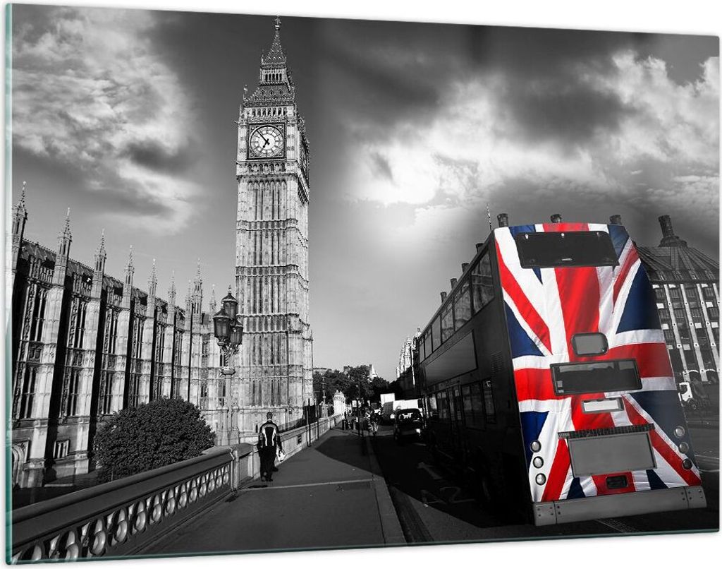 Bilder auf glas - Bus London Big Ben Gebäude - 120x80cm - Glasbilder - Wandbilder - Kunstdruck - zum Aufhängen bereit - Wanddekoration aus Glas -...