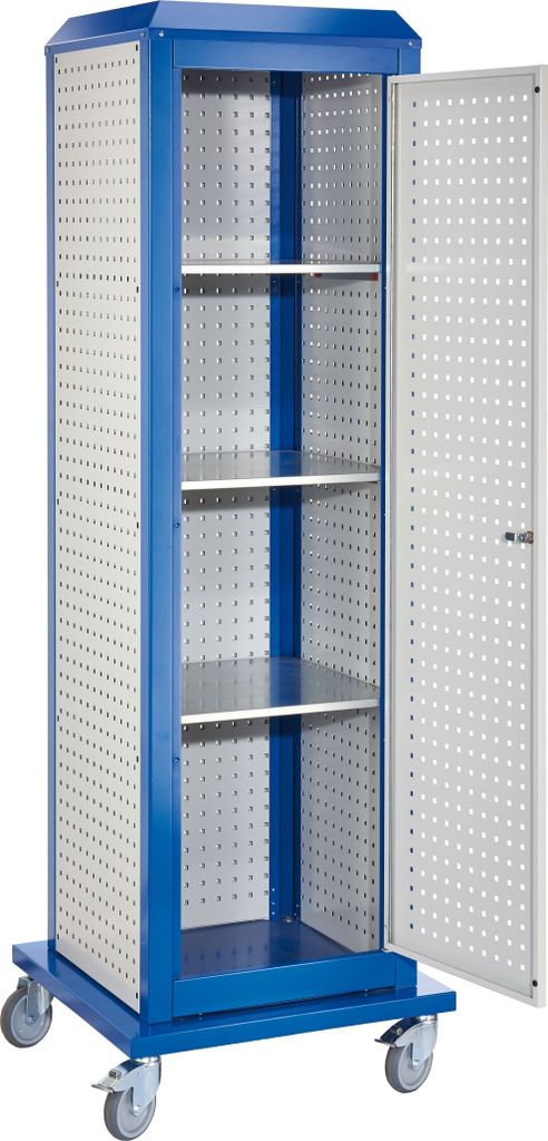 Tool-Tower, BxTxH 700x700x2175 mm, mobil, 5 Lochplatten, 3 Boden, 1 Tür, RAL 5010/7035
