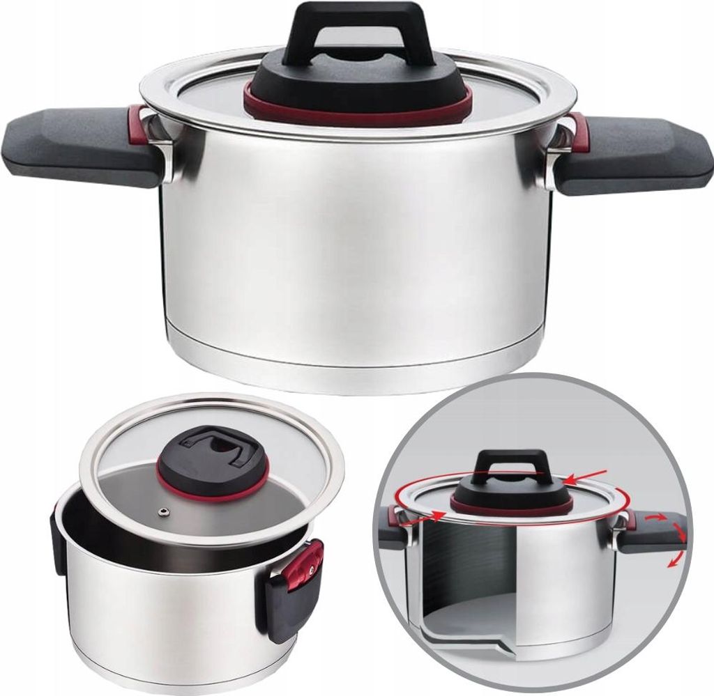 A collage of images showing a stainless steel pot with black and red accents, including a close-up of the lid and a diagram illustrating its functionality.