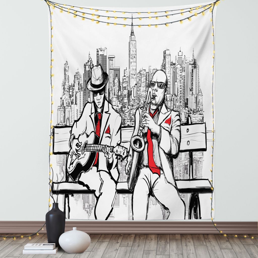 ABAKUHAUS Musik Wandteppich, Jazz Männer Band, In New York Nachts Retro Art Illustrations Druck Spielt, Wohnzimmer Schlafzimmer Seidiger Satin Wan...