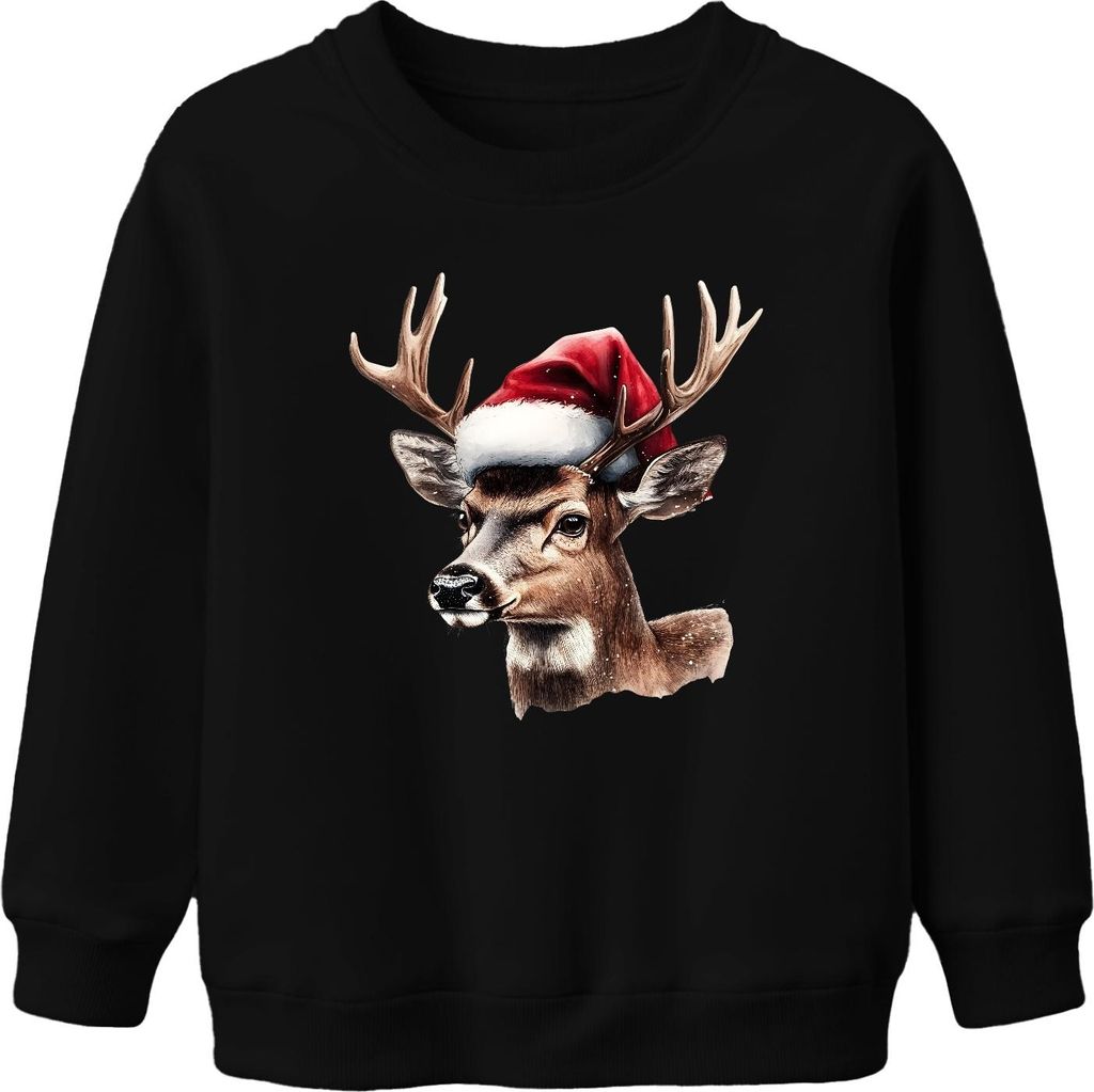 Weihnachtsrentier Hirsch Kopf Aquarell Weihnachtsmann Hut Retro Uni Kinder Sweatshirt Pullover, Schwarz, 116