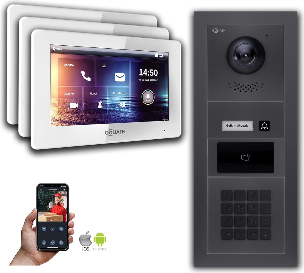 Türsprechanlage mit Kamera Goliath IP 2-Draht 3-Monitore Zahlencode RFID Anthrazit : Aufputzdose : 7 Zoll in Weiß Türklingel Montagedose: Aufput...