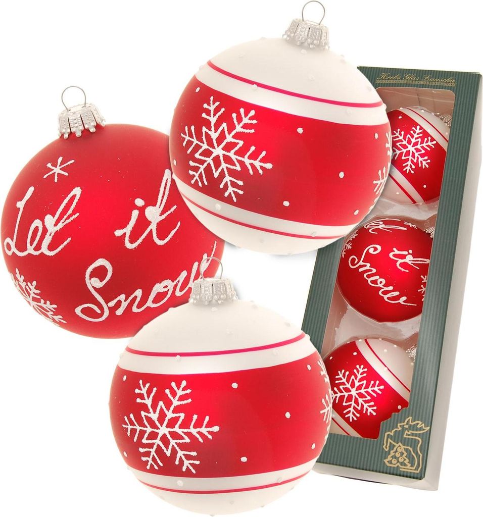 Krebs Glas Lauscha Christbaumkugeln 3er Set Scandic Xmas Let it Snow in Rot / Weiß - Größe ca. 8cm
