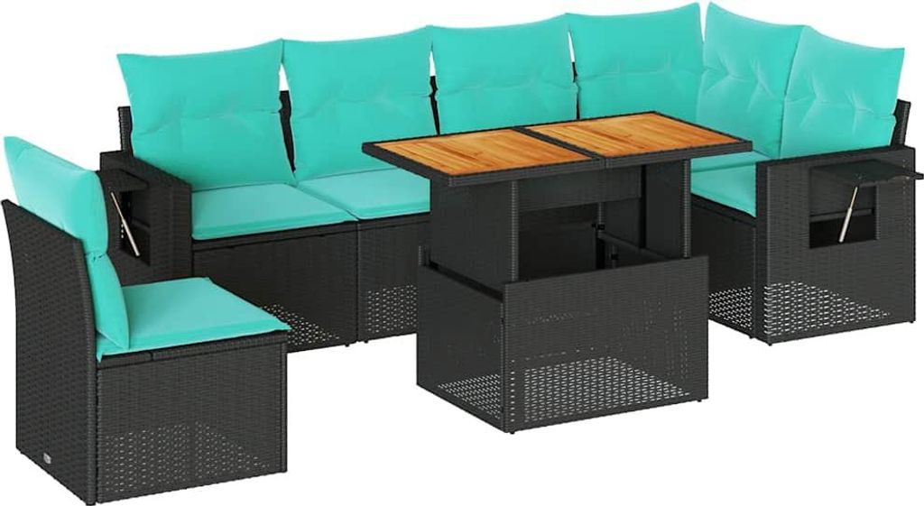 7-tlg. Garten-Sofagarnitur mit Kissen Schwarz Poly Rattan