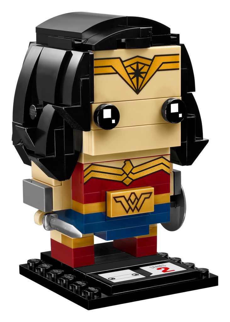 A LEGO Brickheadz figure of Wonder Woman on a black display base.