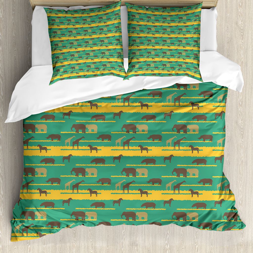 ABAKUHAUS Tierwelt Bettbezug Set für Einzelbetten, Elephants Hippos Pferde, Milbensicher Allergiker geeignet mit Kissenbezug, 155 cm x 220 cm - 80...