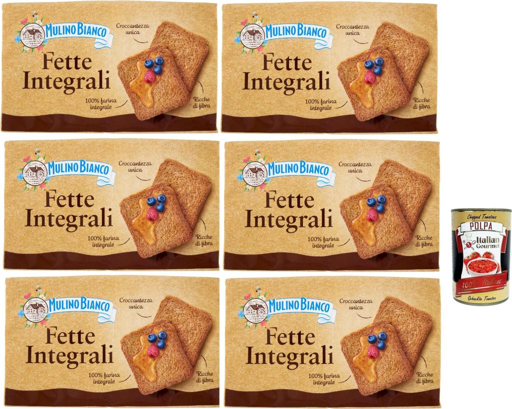 Mulino Bianco Fette biscottate Le Integrali 6x 630g Vollkorn Zwieback Kekse, Frühstückskekse, Zwieback kekse gebackenem Brot + Italian Gourmet po...