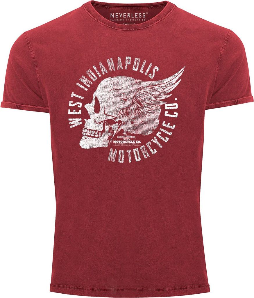 Cooles Angesagtes Herren T-Shirt Vintage Totenkopf Skull Wings Used Look Slim Fit Neverless rot S
