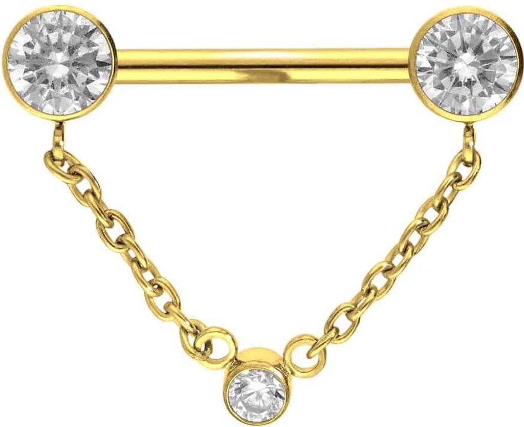 Zungenpiercing, Intim-Piercing Titan Barbell mit Push Fit KETTE + KRISTALLDISCS Gold Stablänge: 14mm