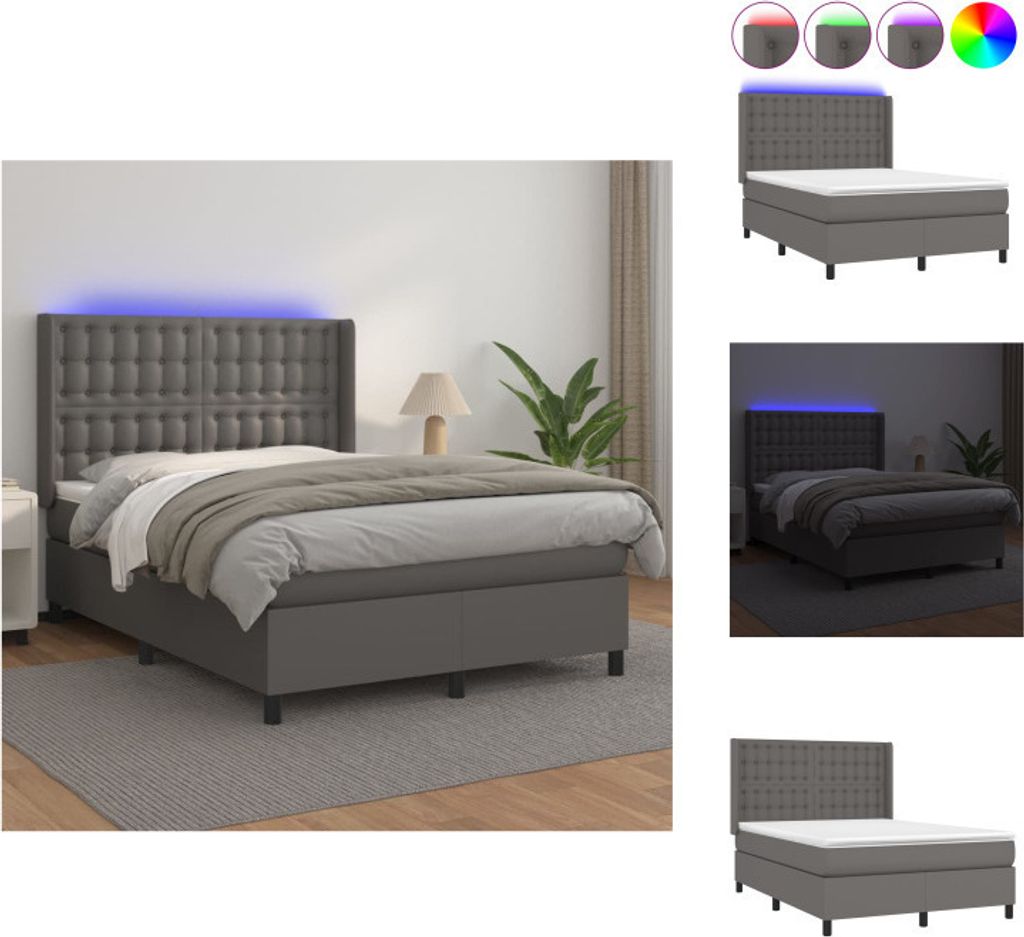 vidaXL Boxspringbett mit Matratze & LED Grau 140x200 cm Kunstleder - Betten & Bettgestelle