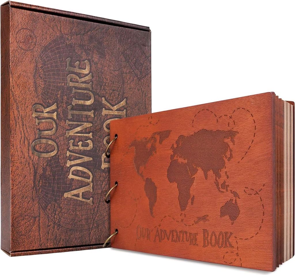 Abenteuerliches Fotoalbum - Scrapbook mit Holzcover - 60 Fotos