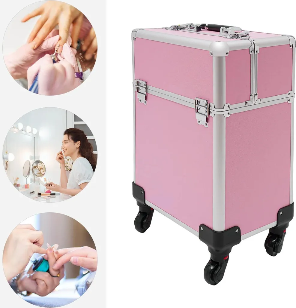 Valise maquillage rose pour voyage avec 4 compartiments et roulettes