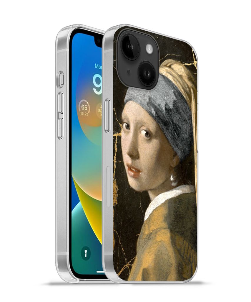 MuchoWow Handyhülle Schutzhülle Hülle für Apple iPhone 14 - Softcase Mädchen mit einem Perlenohrring - Marmor - Gold Silikon Softcase Handy ...