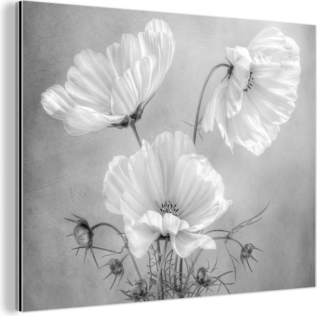 MuchoWow Wanddekoration Metall Metallbild Wandkunst 40x30 cm Stilleben - Blumen - Schwarz und weiß - Mohn - Botanisch MuchoWow Aluminium Gemälde ...